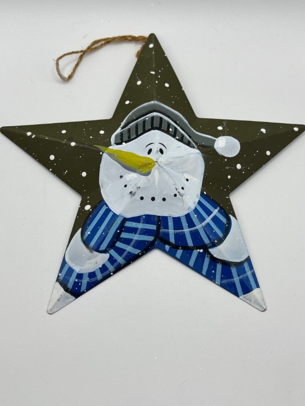 Hand-Painted Snowman Star Metal Hanging Ornament Winter Decor